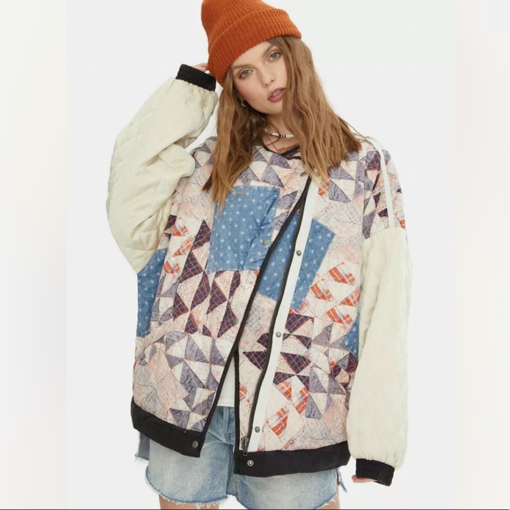 Free People Rudy Patchwork Quilted Bomber Jacket - size L - Picture 4 of 10